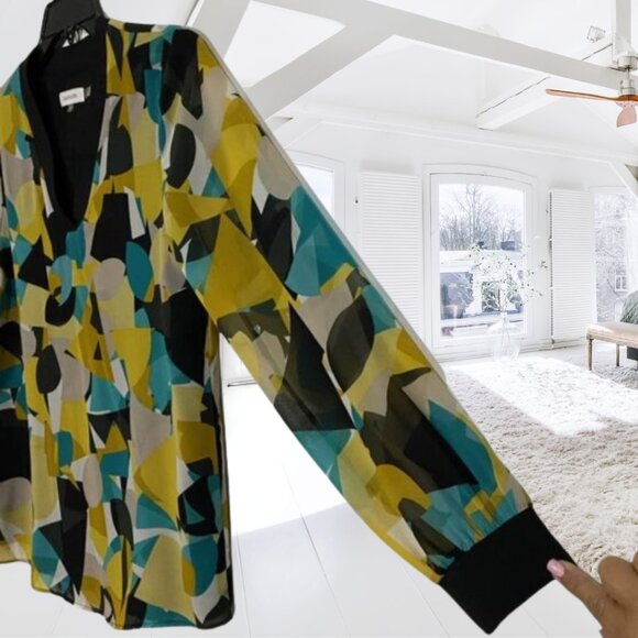 Calvin Klein Abstract Geometric Print Blouse V-Neck Long Sleeve Top Small - Picture 4 of 10